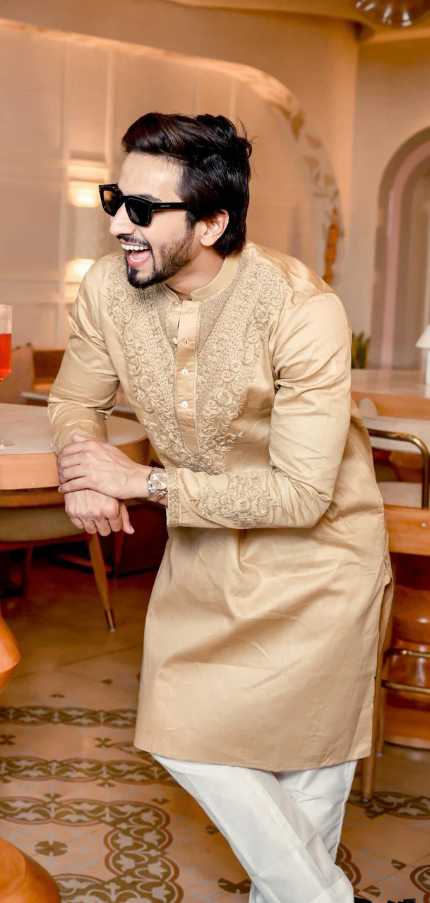 Beige Neck Cotton Embroidered Work Men's Kurta with Pajama - Image 3