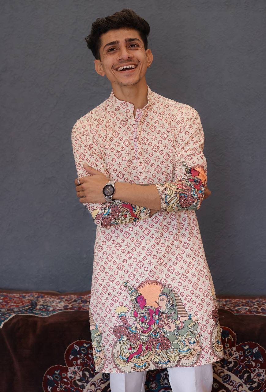 BEIGE SCHIFFLI RAJA RANI BANDHANI PRINTRD KURTA WITH PAJAMA - Image 3