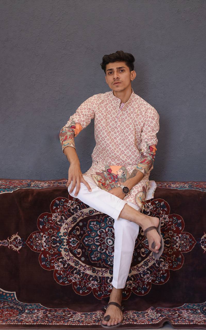 BEIGE SCHIFFLI RAJA RANI BANDHANI PRINTRD KURTA WITH PAJAMA - Image 4