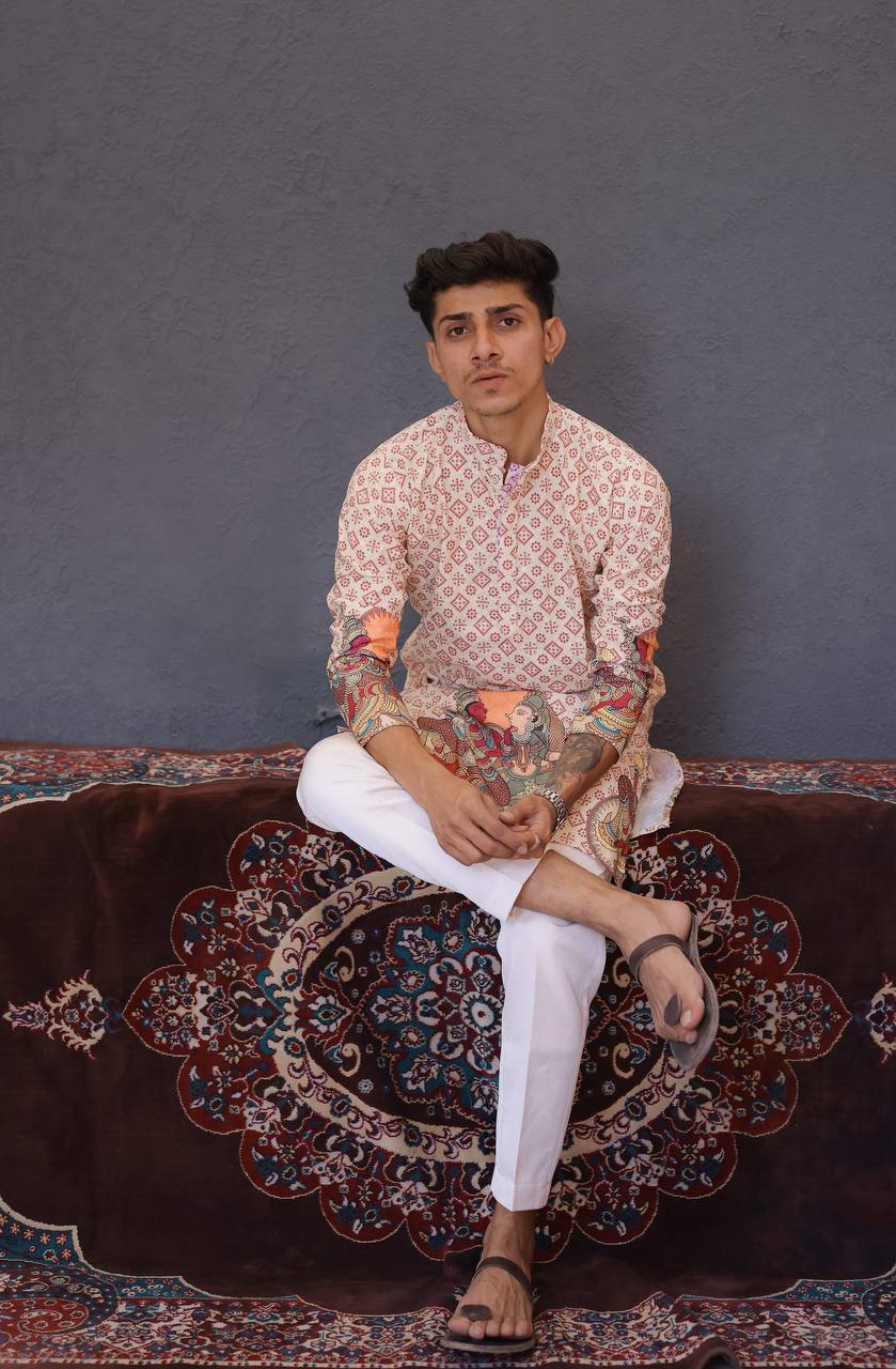 BEIGE SCHIFFLI RAJA RANI BANDHANI PRINTRD KURTA WITH PAJAMA - Image 5