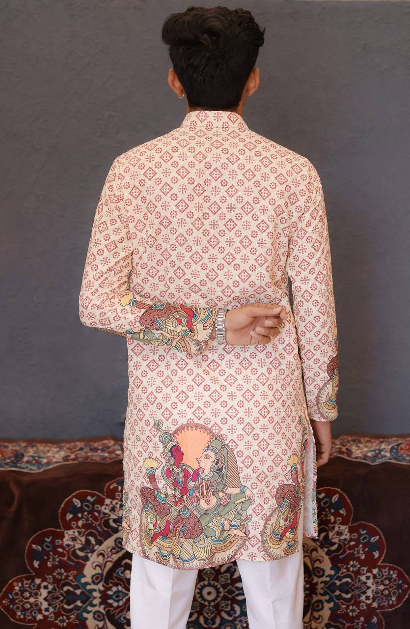 BEIGE SCHIFFLI RAJA RANI BANDHANI PRINTRD KURTA WITH PAJAMA - Image 6