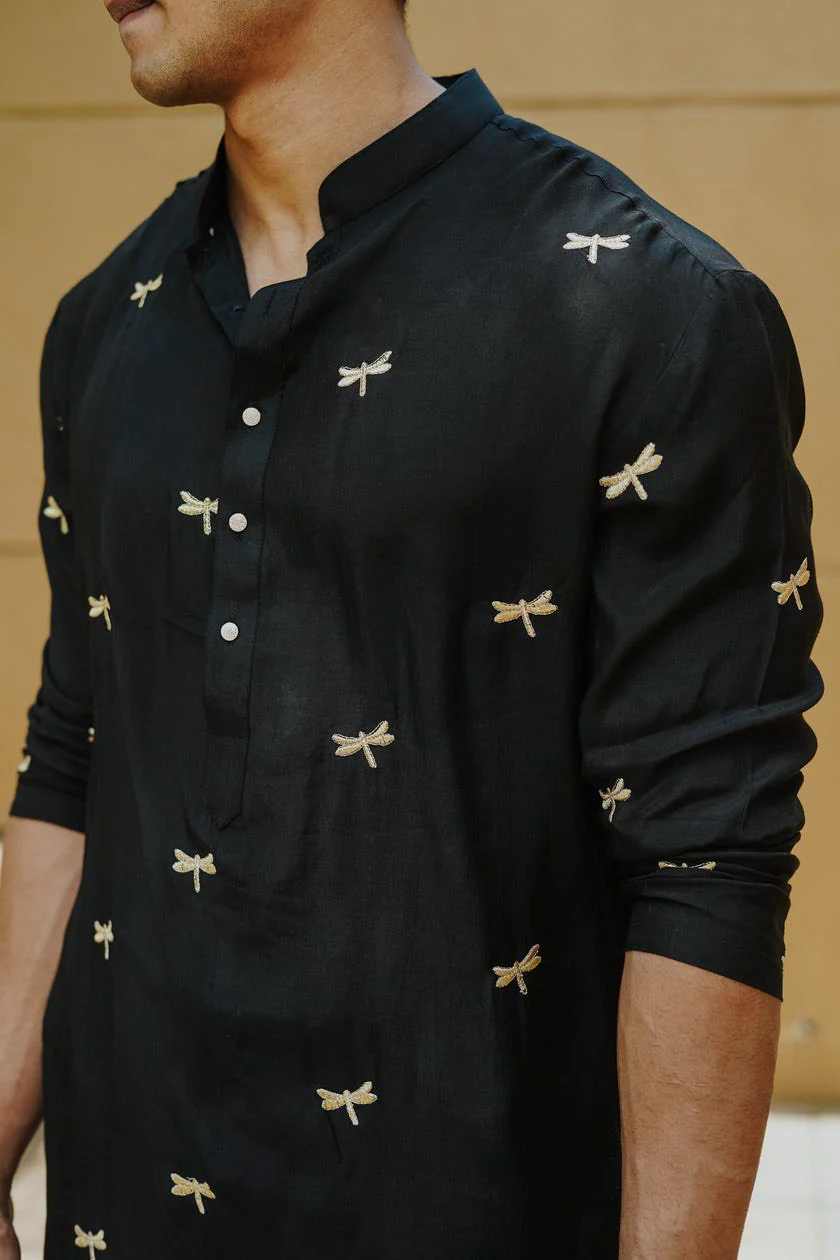 Black Dragon Fly Embroidered Work Men's Kurta with Pajama - Image 3