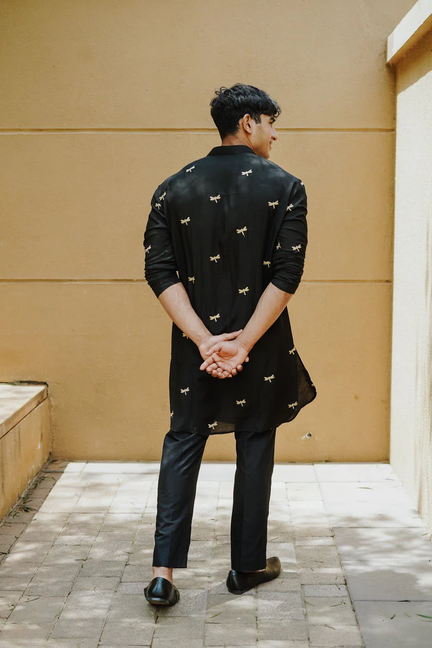 Black Dragon Fly Embroidered Work Men's Kurta with Pajama - Image 4