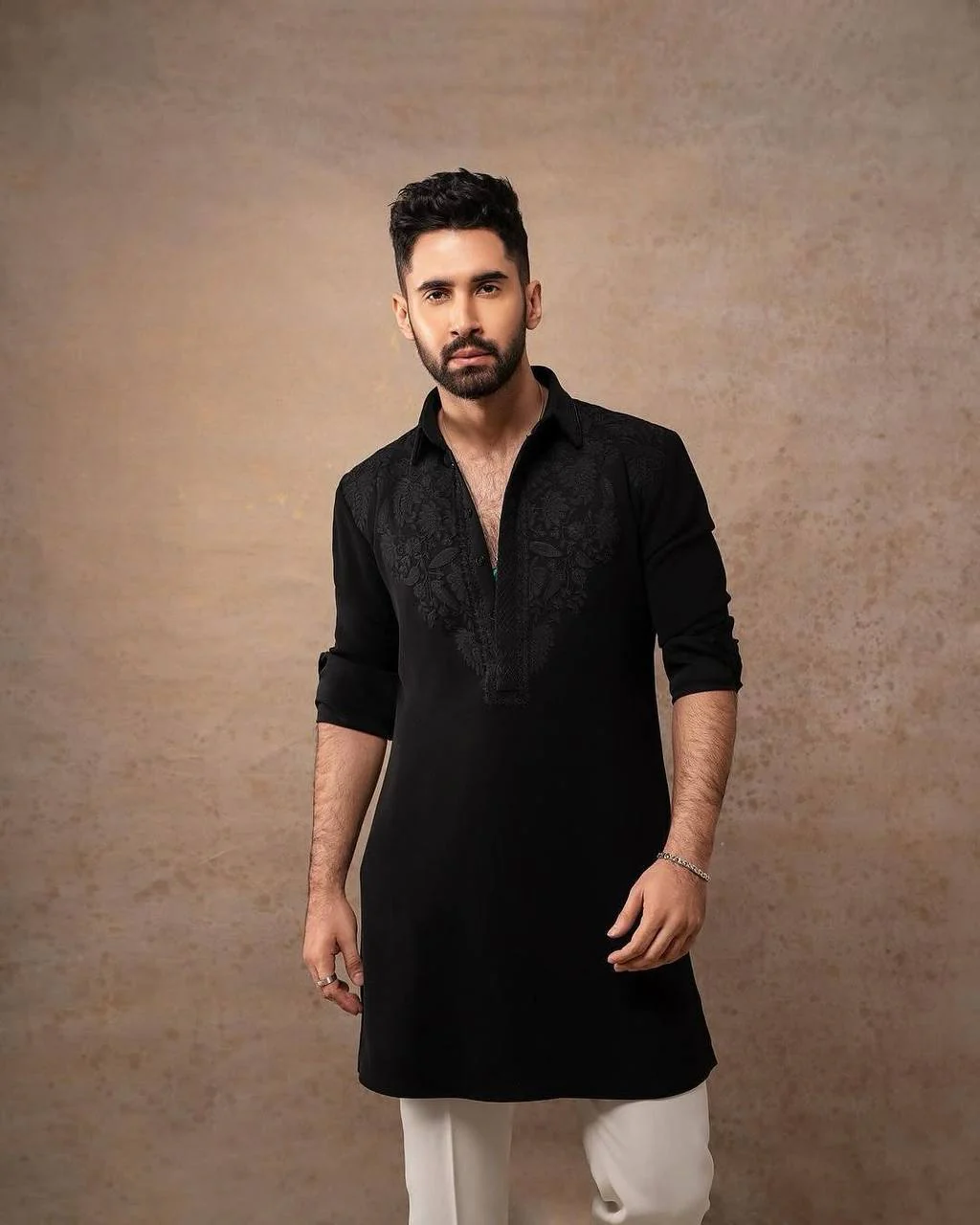 BLACK EMBROIDERED WORK KURTA PAJAMA SET