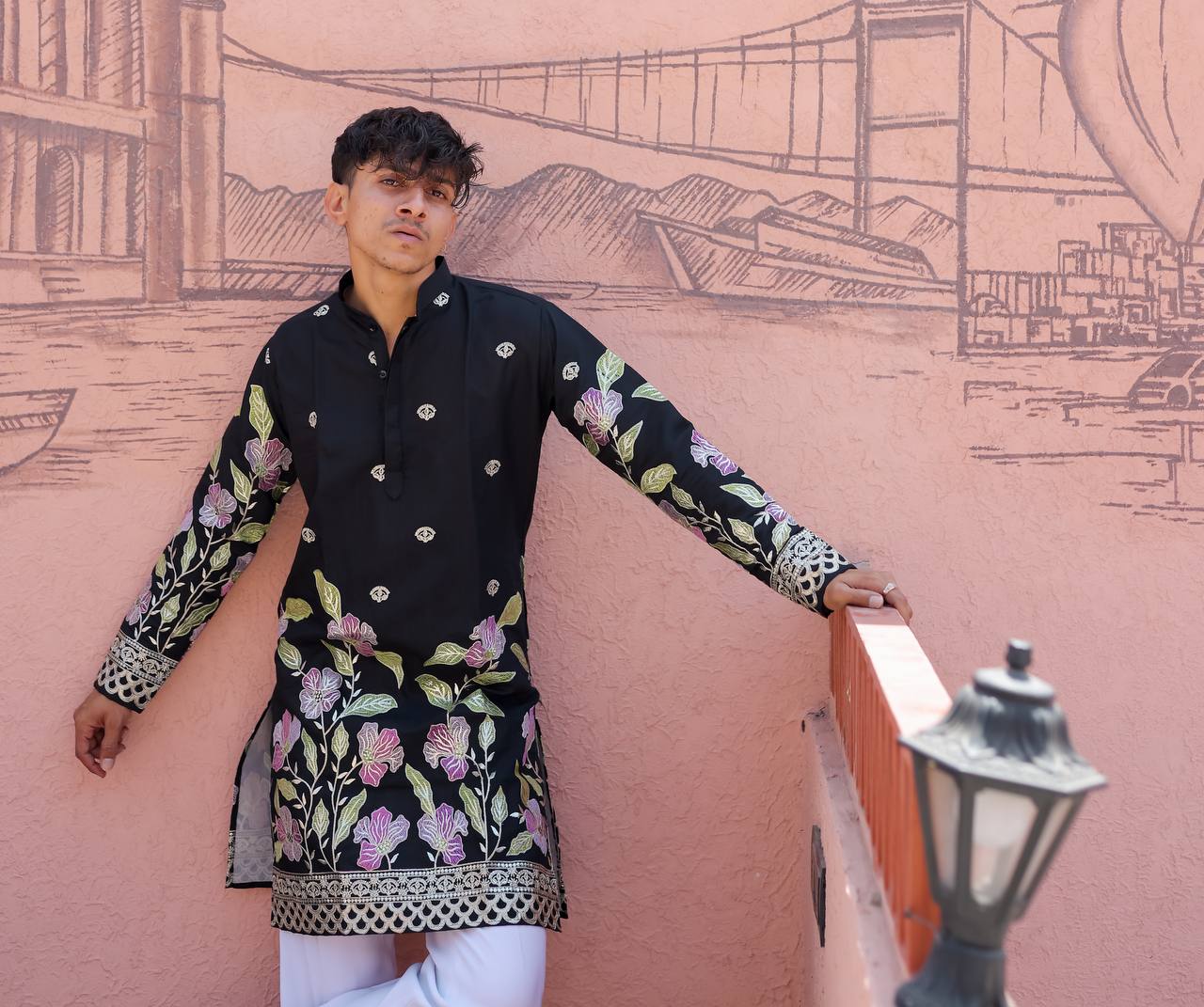 BLACK HEAVY FLORAL SEQUENCE EMBROIDERED KURTA WITH PAJAMA - Image 10