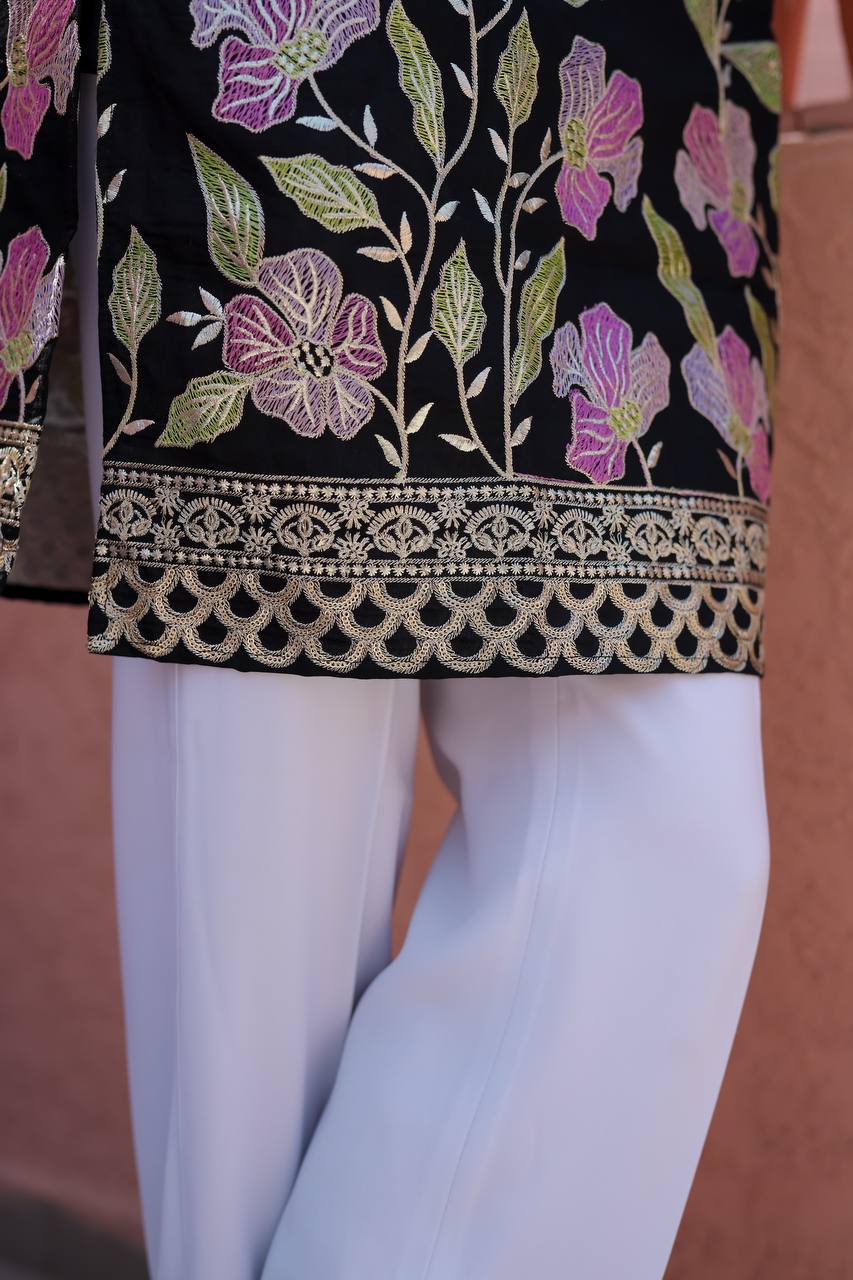 BLACK HEAVY FLORAL SEQUENCE EMBROIDERED KURTA WITH PAJAMA - Image 12