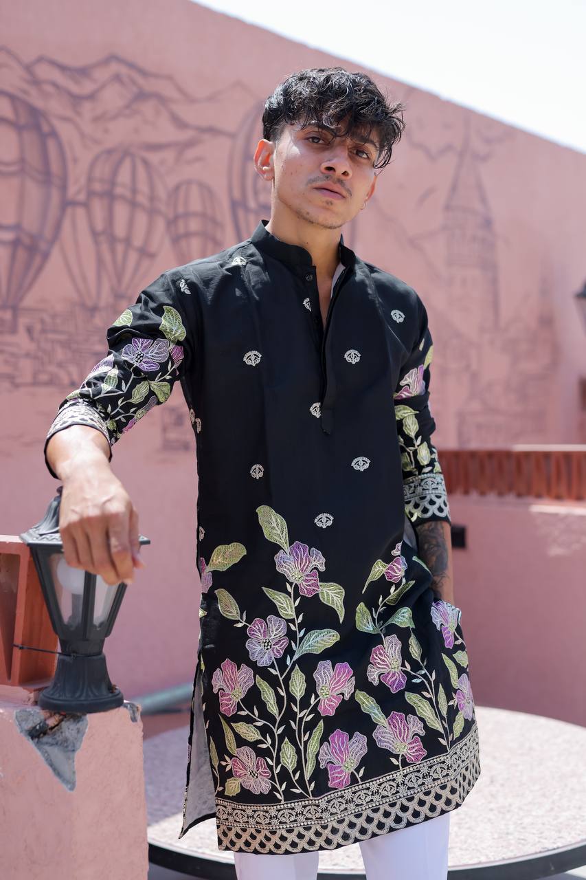 BLACK HEAVY FLORAL SEQUENCE EMBROIDERED KURTA WITH PAJAMA - Image 2