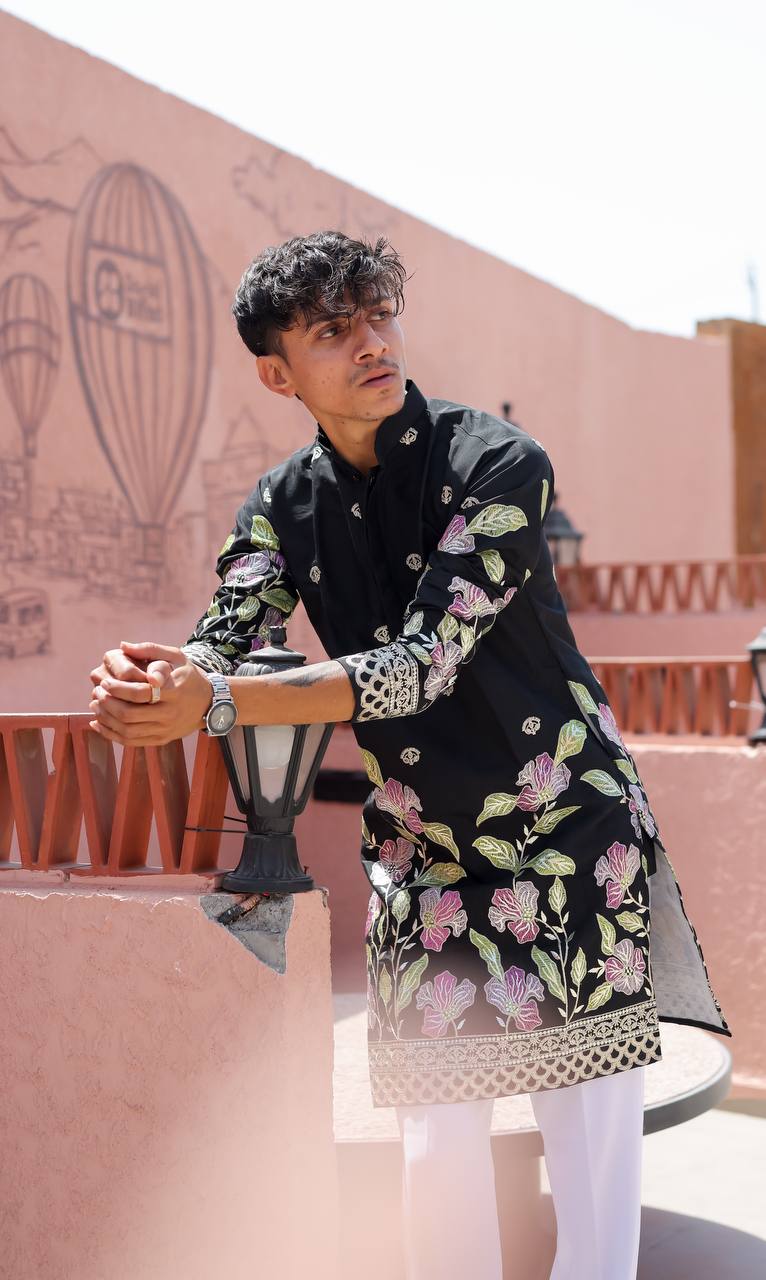 BLACK HEAVY FLORAL SEQUENCE EMBROIDERED KURTA WITH PAJAMA - Image 3