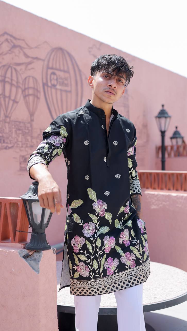 BLACK HEAVY FLORAL SEQUENCE EMBROIDERED KURTA WITH PAJAMA - Image 4