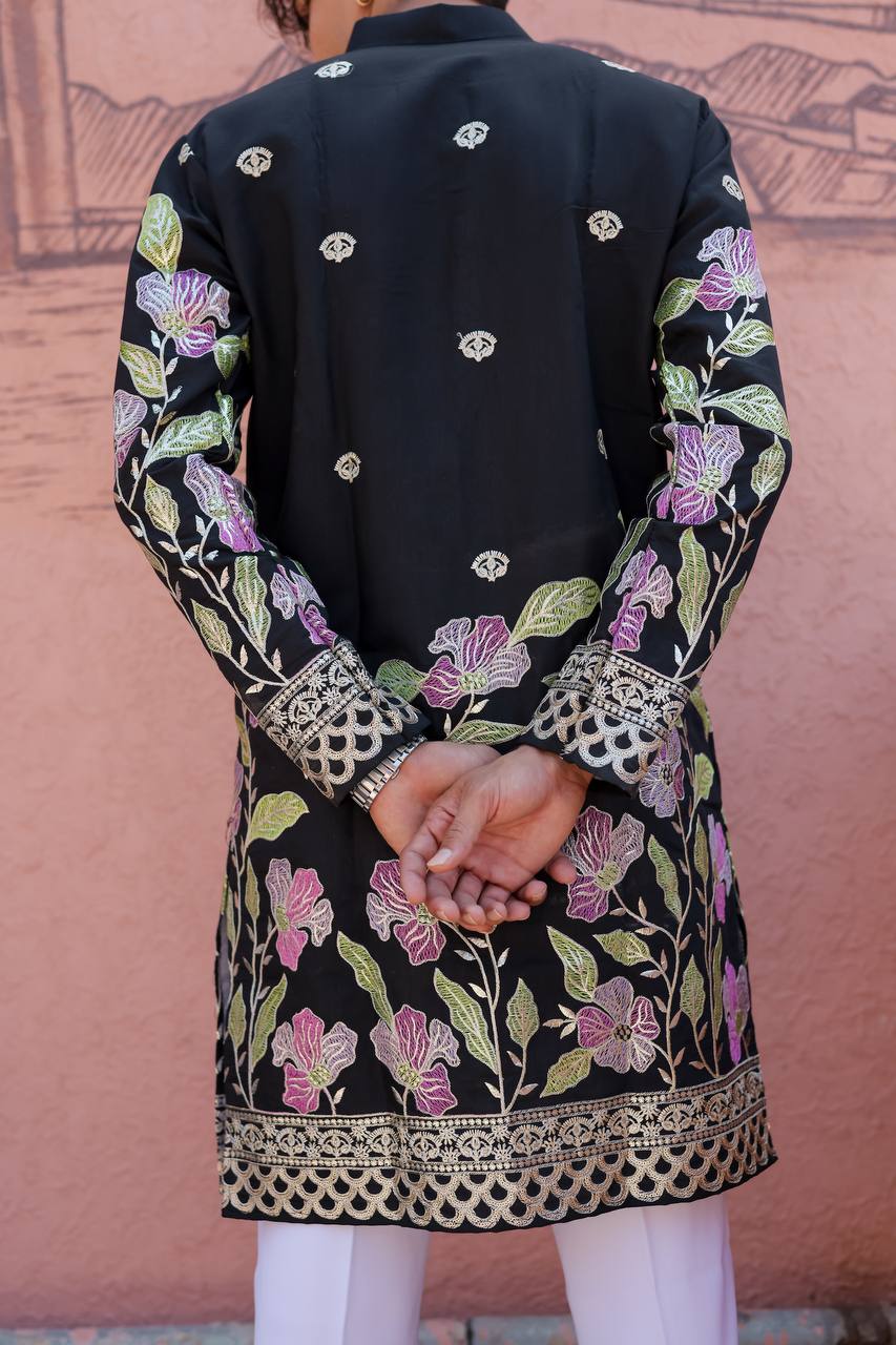BLACK HEAVY FLORAL SEQUENCE EMBROIDERED KURTA WITH PAJAMA - Image 5