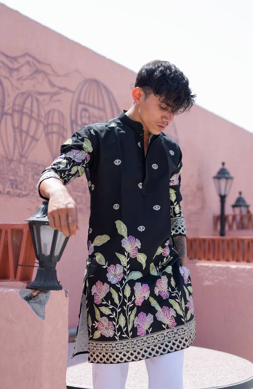 BLACK HEAVY FLORAL SEQUENCE EMBROIDERED KURTA WITH PAJAMA - Image 7
