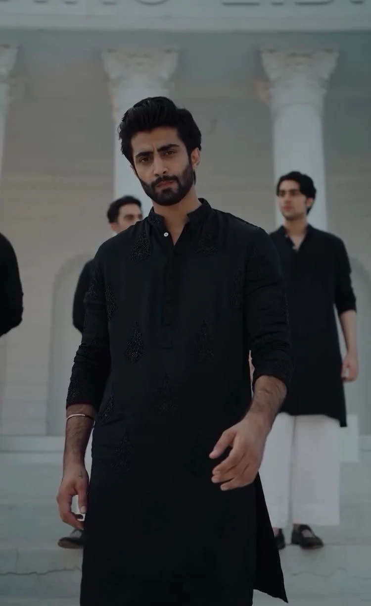 BLACK HEND WORK MOTIF EMBROIDERED KURTA WITH PAJAMA - Image 6