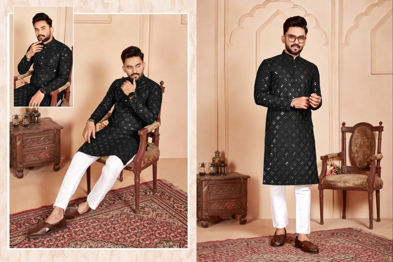Black Mirror Embroidered Work Men's Kurta with Pajama - Image 3