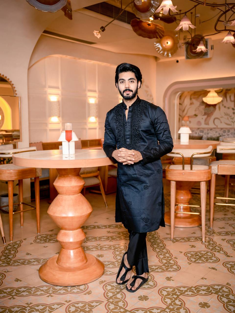 Black Neck Cotton Embroidered Work Men's Kurta with Pajama - Image 3