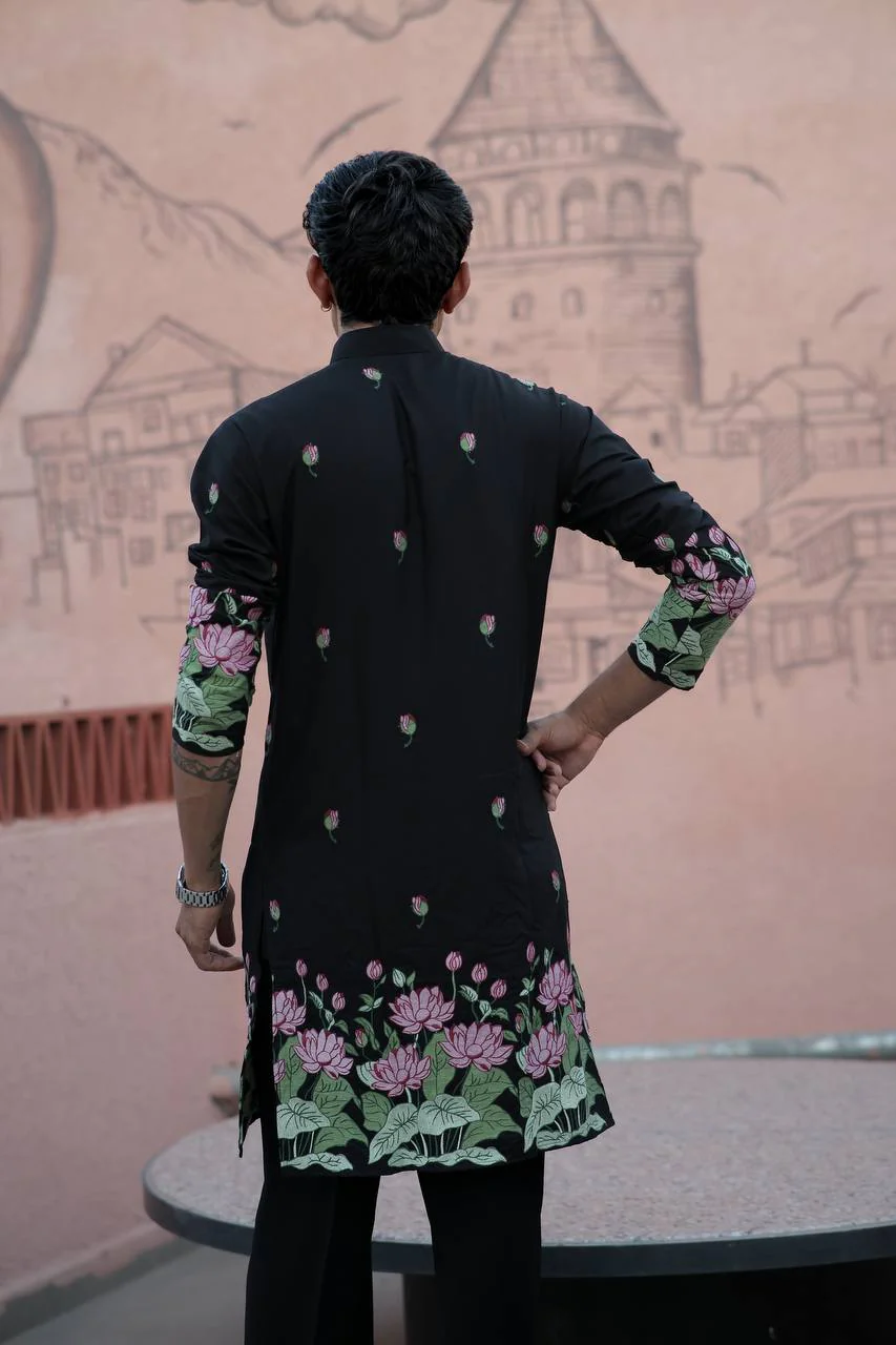 BLACK PINK LOTUS HEAVY FLORAL EMBROIDERED KURTA WITH PAJAMA - Image 5
