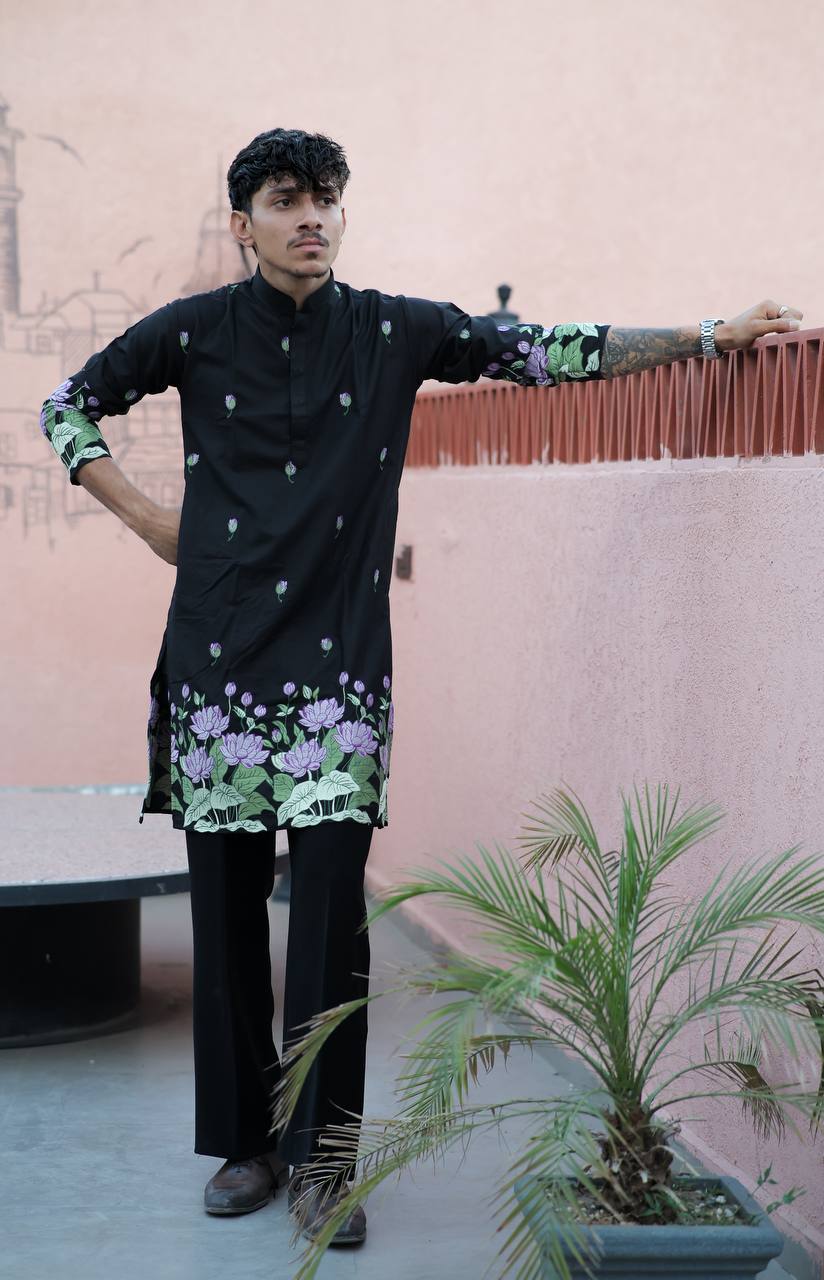 BLACK PURPLE   LOTUS HEAVY FLORAL EMBROIDERED KURTA WITH PAJAMA - Image 2