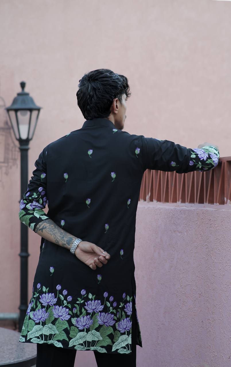 BLACK PURPLE   LOTUS HEAVY FLORAL EMBROIDERED KURTA WITH PAJAMA - Image 4