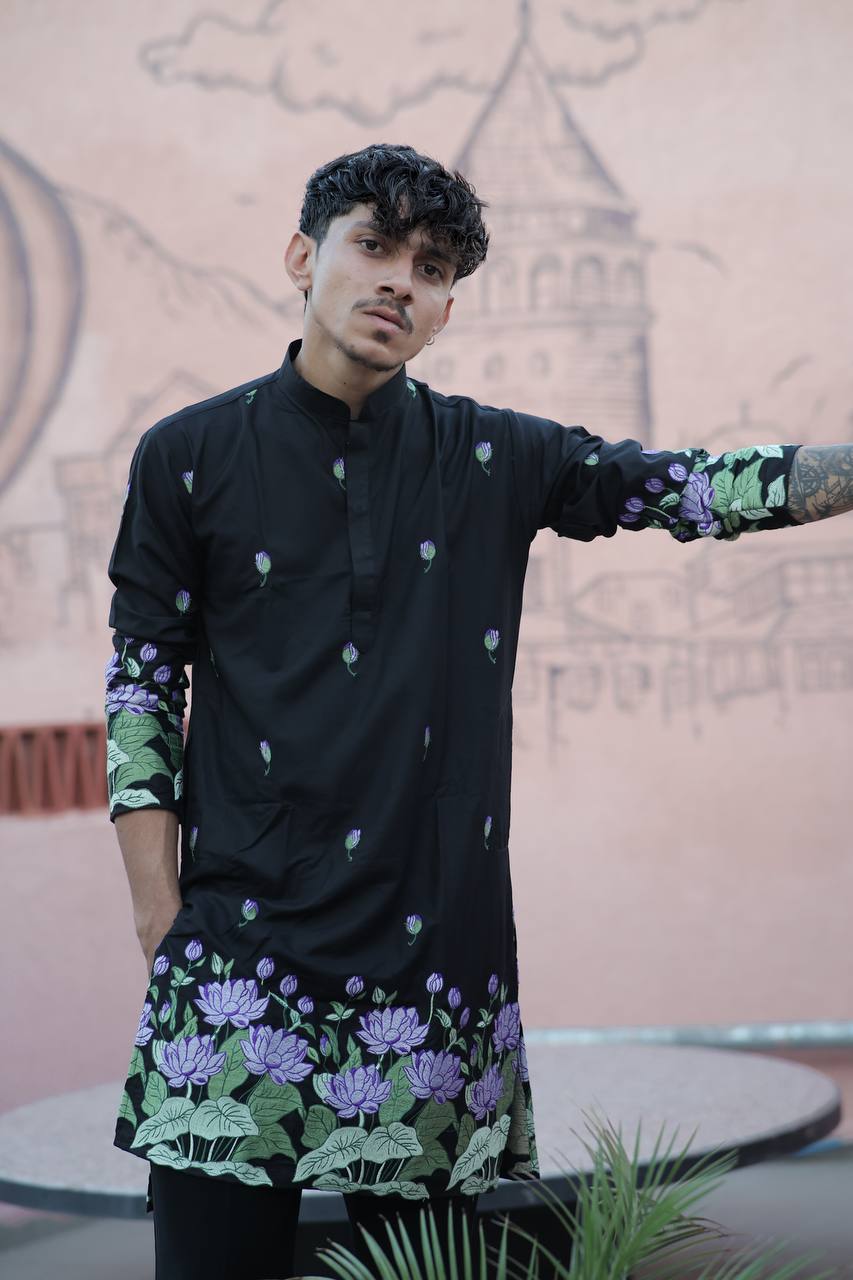 BLACK PURPLE   LOTUS HEAVY FLORAL EMBROIDERED KURTA WITH PAJAMA - Image 5