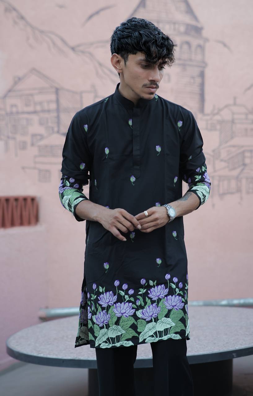 BLACK PURPLE   LOTUS HEAVY FLORAL EMBROIDERED KURTA WITH PAJAMA - Image 6