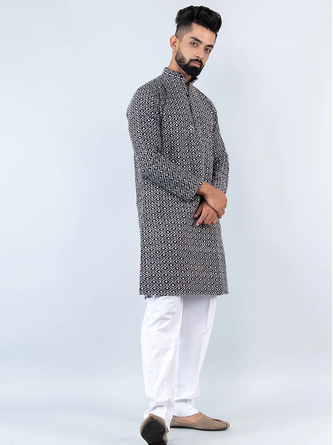 Black Schiffli Embroidery Work Kurta With Pajama - Image 3