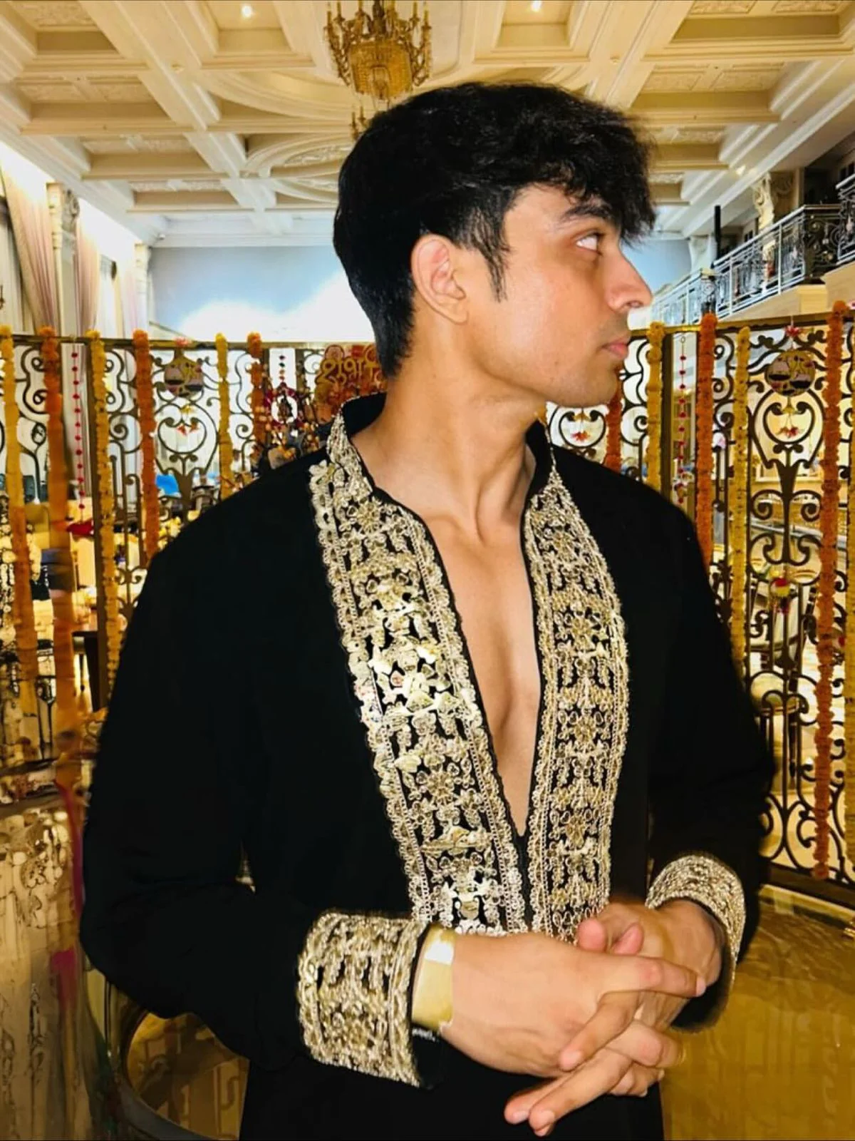 BLACK V NECK EMBROIDERD SHORT KURTA WITH PAJAMA SET - Image 6