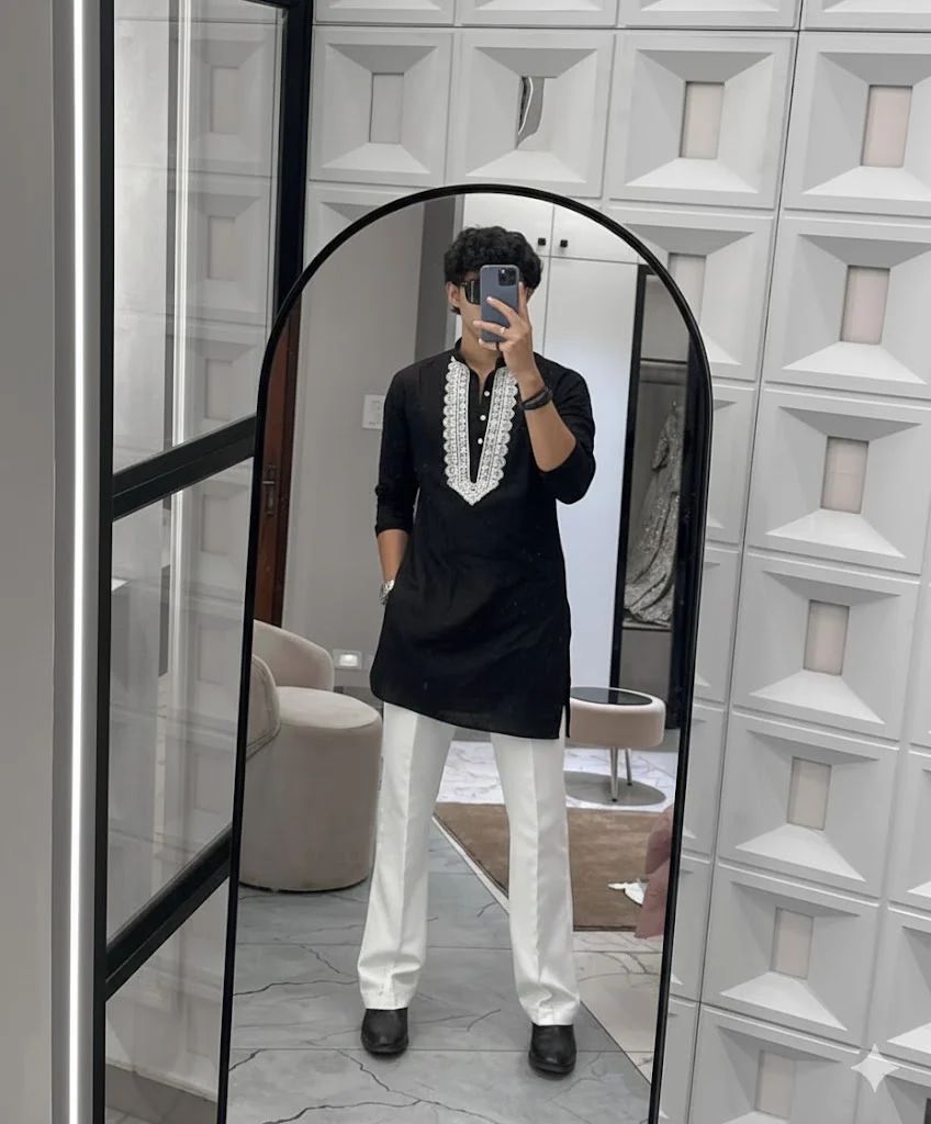 BLACK V NECK EMBROIDERED THRED KURTA WITH PAJAMA - Image 2