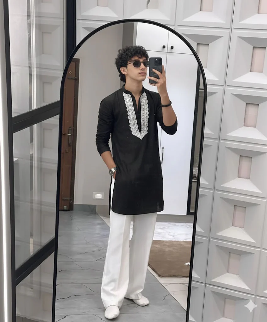 BLACK V NECK EMBROIDERED THRED KURTA WITH PAJAMA - Image 3