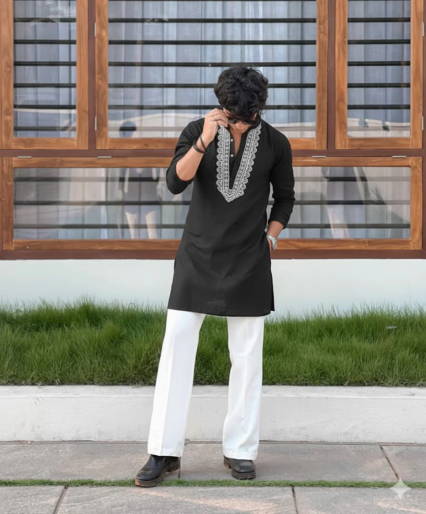 BLACK V NECK EMBROIDERED THRED KURTA WITH PAJAMA - Image 4