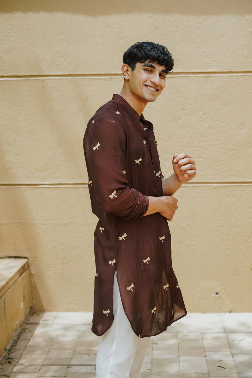 Brown Dragon Fly Embroidered Work Men's Kurta with Pajama - Image 3
