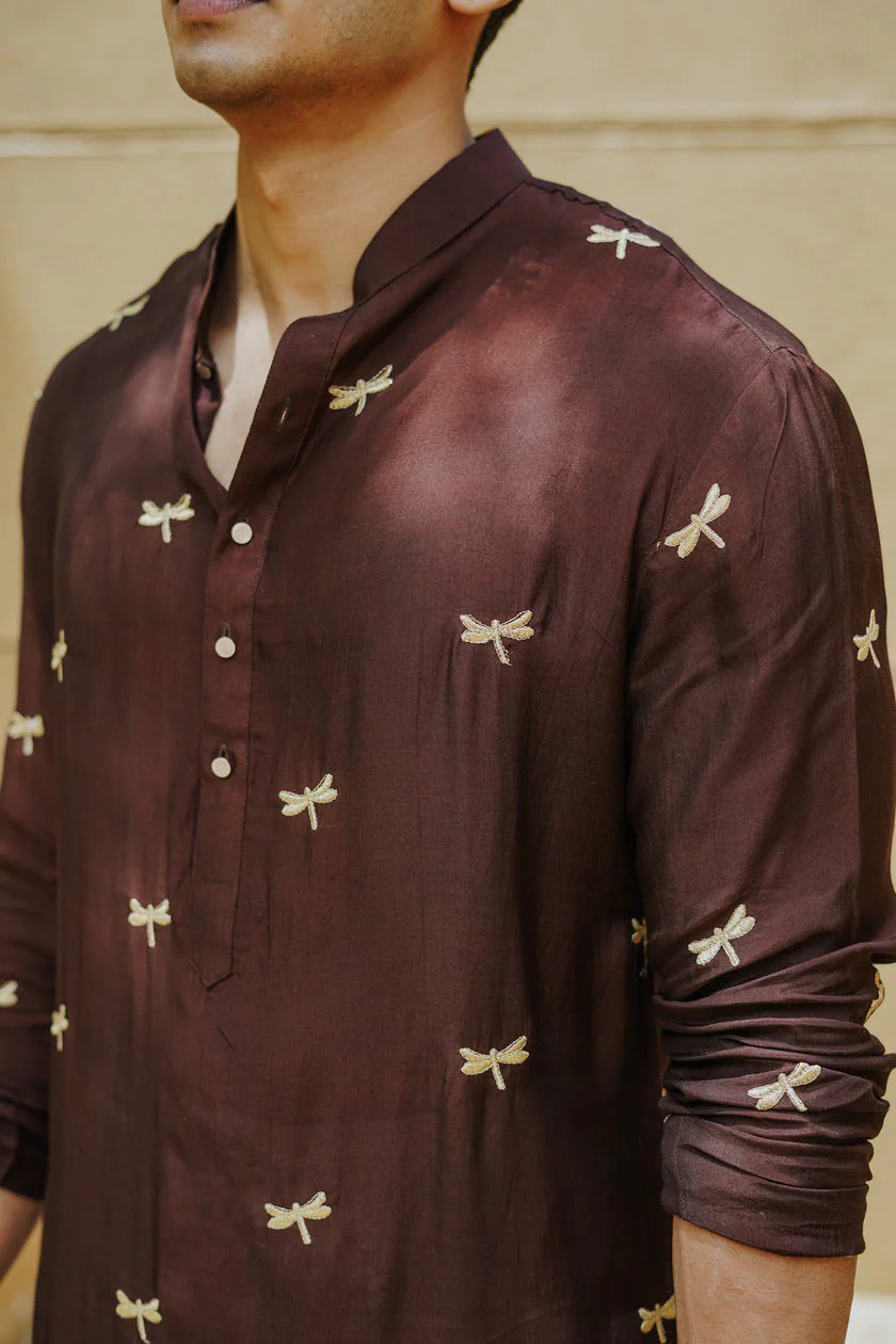 Brown Dragon Fly Embroidered Work Men's Kurta with Pajama - Image 4