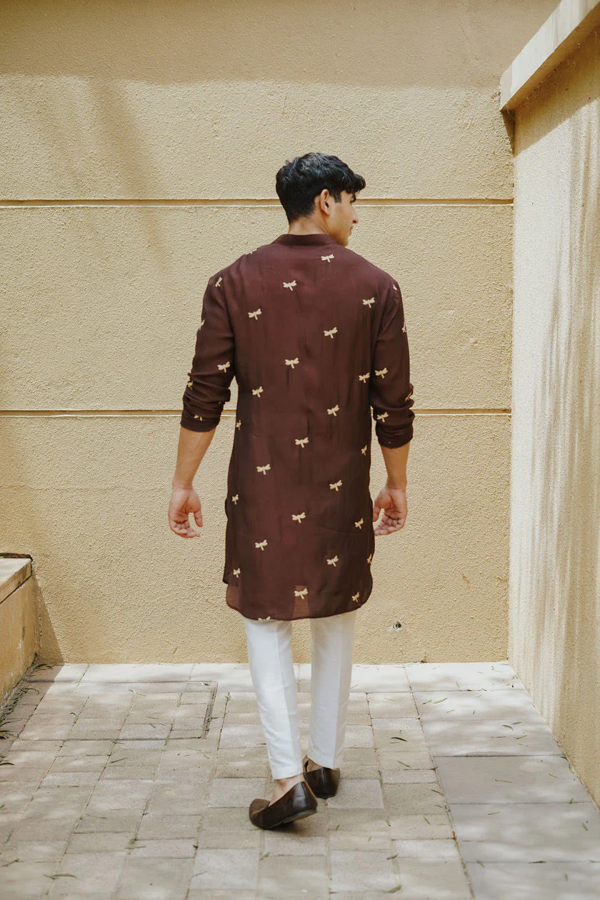 Brown Dragon Fly Embroidered Work Men's Kurta with Pajama - Image 5
