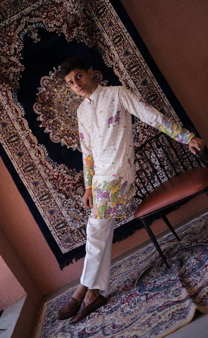 CREAM SCHIFFLI COW MOTIF PRINTRD KURTA WITH PAJAMA - Image 10