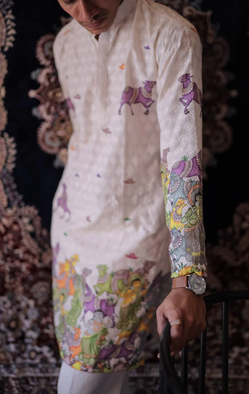 CREAM SCHIFFLI COW MOTIF PRINTRD KURTA WITH PAJAMA - Image 3