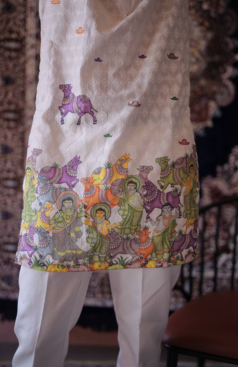 CREAM SCHIFFLI COW MOTIF PRINTRD KURTA WITH PAJAMA - Image 4