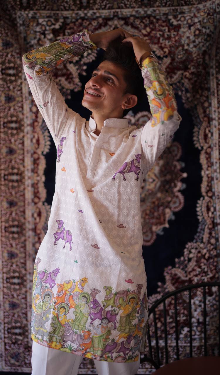 CREAM SCHIFFLI COW MOTIF PRINTRD KURTA WITH PAJAMA - Image 5