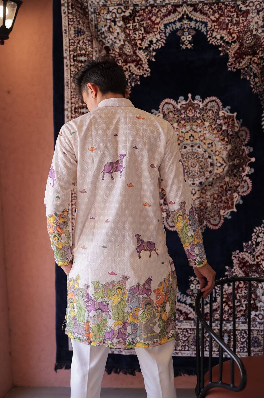 CREAM SCHIFFLI COW MOTIF PRINTRD KURTA WITH PAJAMA - Image 6