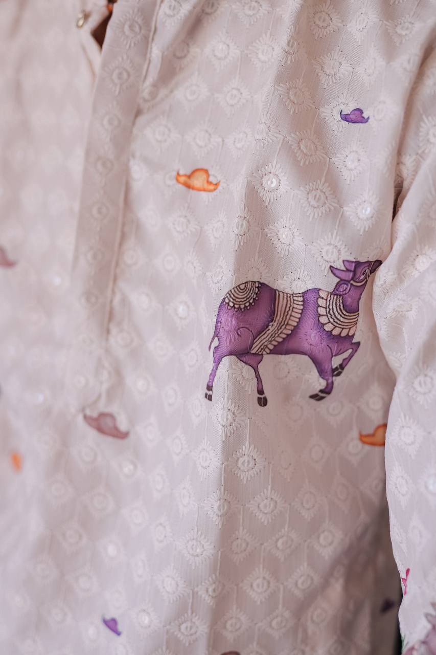 CREAM SCHIFFLI COW MOTIF PRINTRD KURTA WITH PAJAMA - Image 7