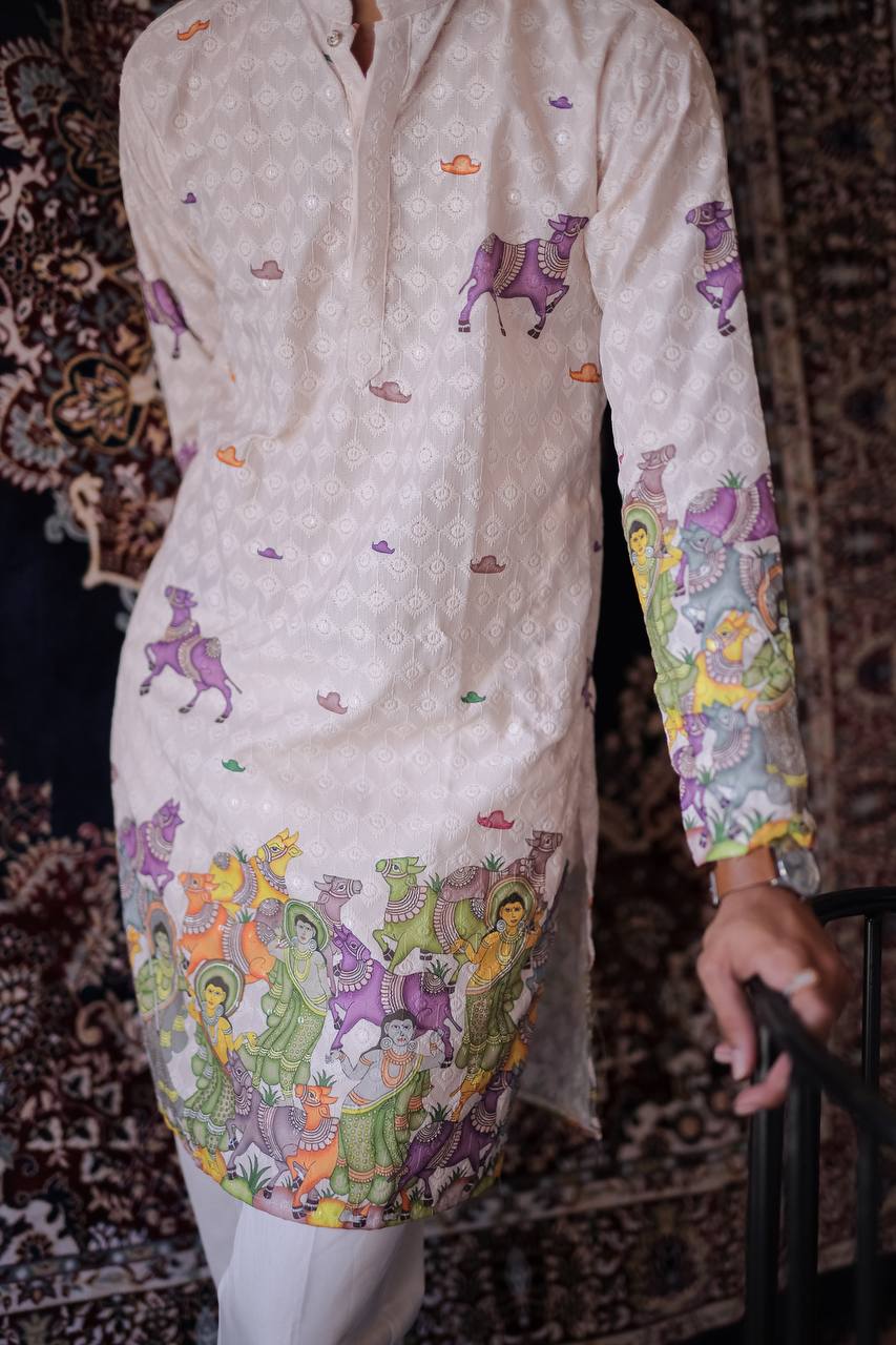 CREAM SCHIFFLI COW MOTIF PRINTRD KURTA WITH PAJAMA - Image 8