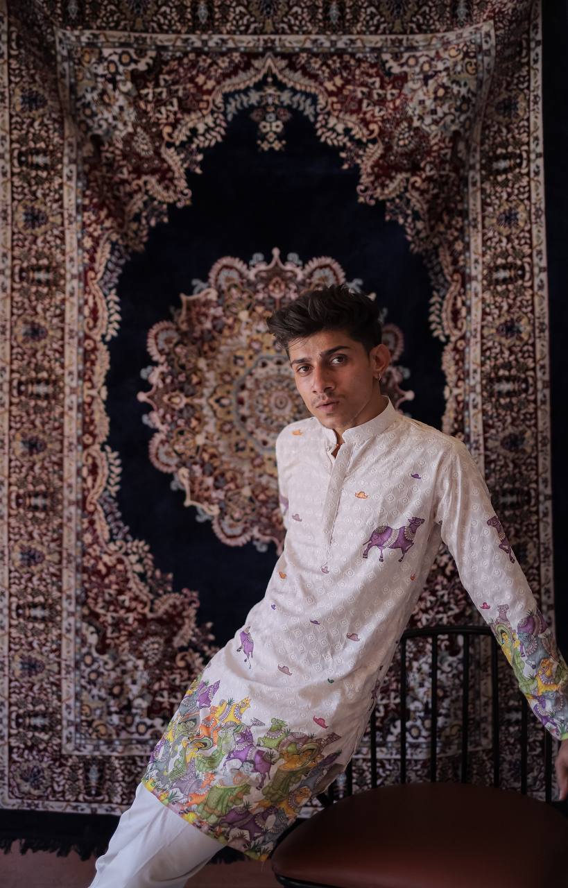 CREAM SCHIFFLI COW MOTIF PRINTRD KURTA WITH PAJAMA - Image 9