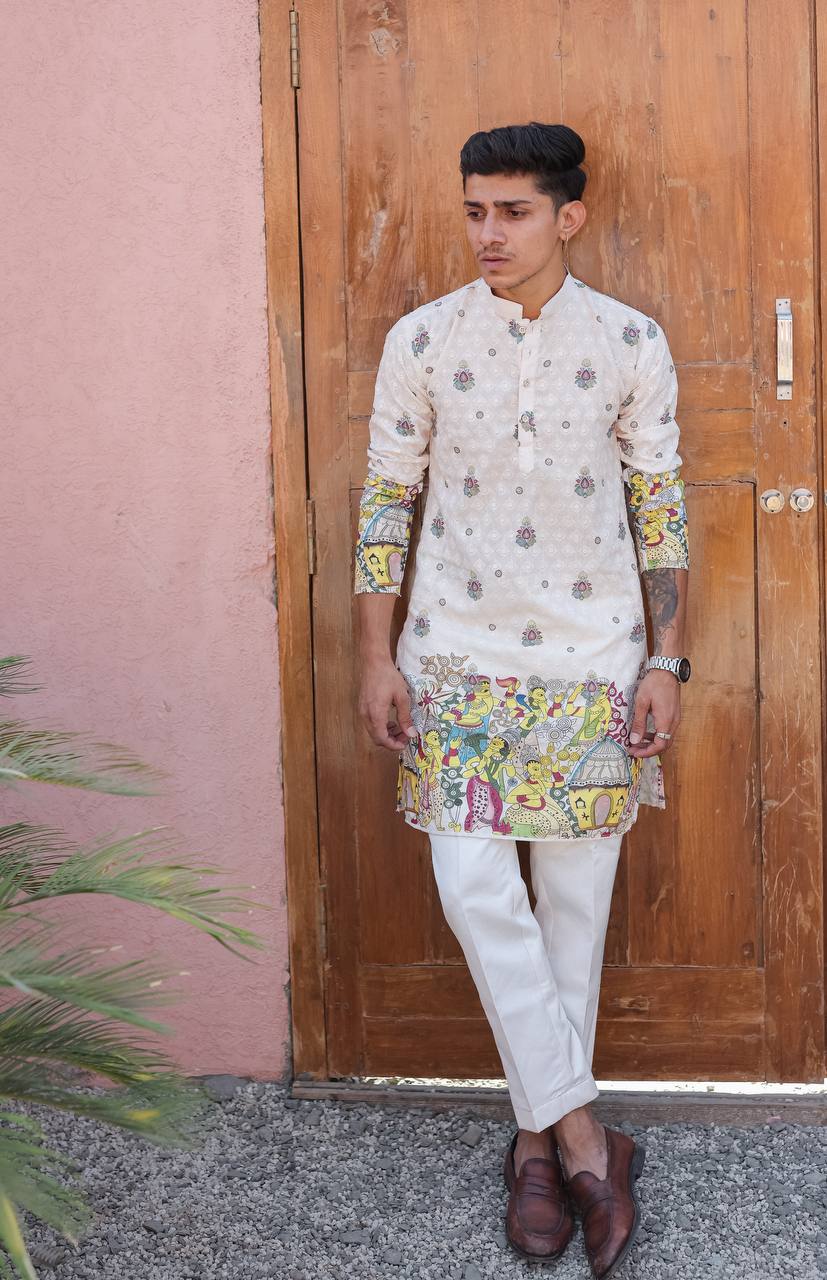 CREAM SCHIFFLI VIRAASAT PRINTRD KURTA WITH PAJAMA - Image 3