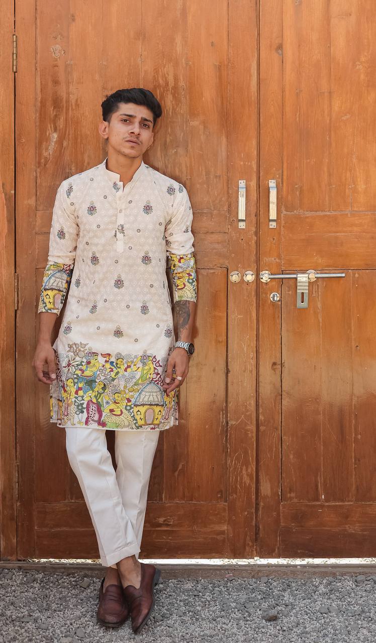 CREAM SCHIFFLI VIRAASAT PRINTRD KURTA WITH PAJAMA - Image 4