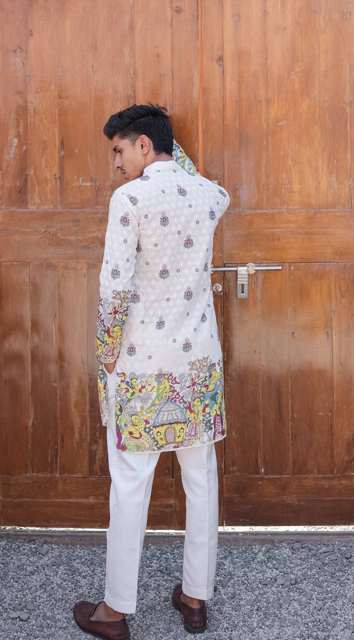 CREAM SCHIFFLI VIRAASAT PRINTRD KURTA WITH PAJAMA - Image 6
