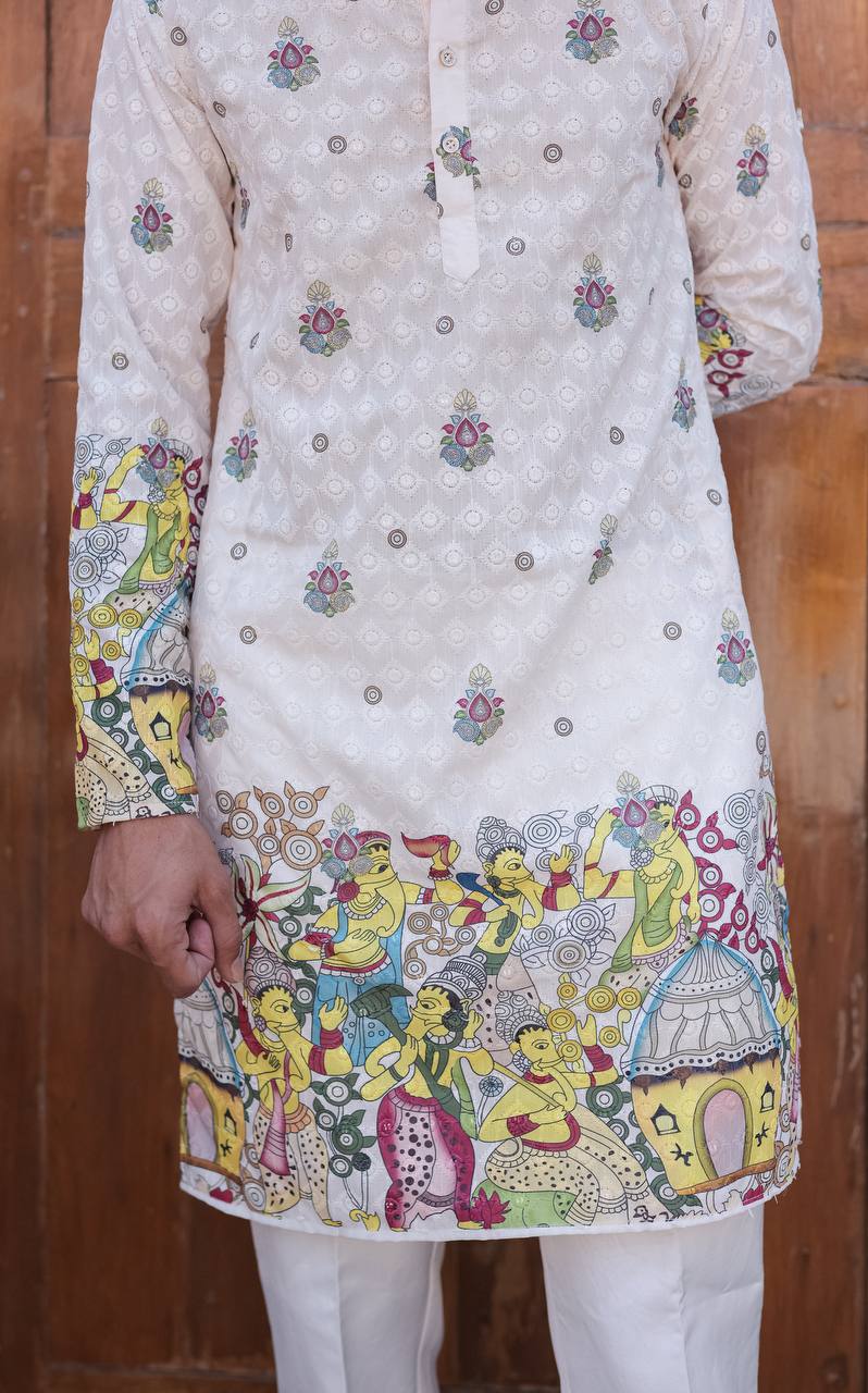 CREAM SCHIFFLI VIRAASAT PRINTRD KURTA WITH PAJAMA - Image 7