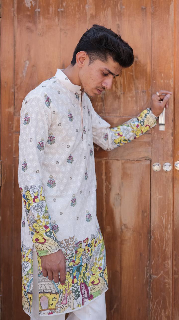 CREAM SCHIFFLI VIRAASAT PRINTRD KURTA WITH PAJAMA - Image 9