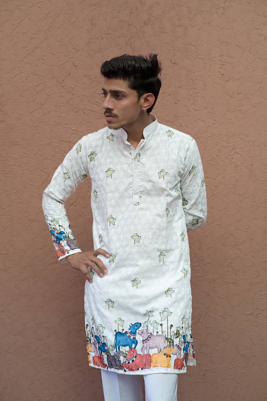 CREAM SCHIFFLI MULTI COW PRINTRD KURTA WITH PAJAMA - Image 4
