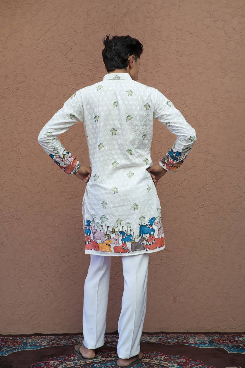 CREAM SCHIFFLI MULTI COW PRINTRD KURTA WITH PAJAMA - Image 5