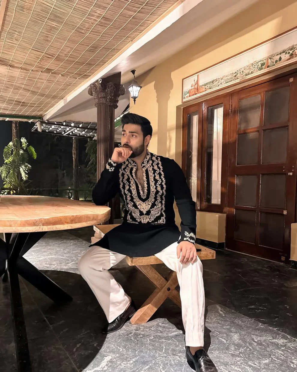 EID SPECIAL BLACK STYLISH NECK PATTERN EMBROIDERED WORK KURTA WITH PAJAMA FOR MENS - Image 2