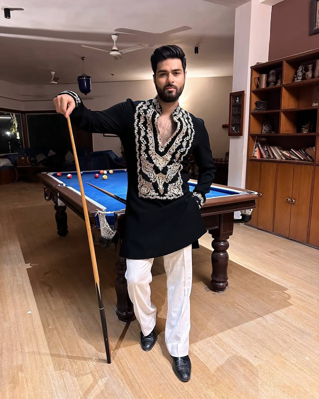 EID SPECIAL BLACK STYLISH NECK PATTERN EMBROIDERED WORK KURTA WITH PAJAMA FOR MENS - Image 3