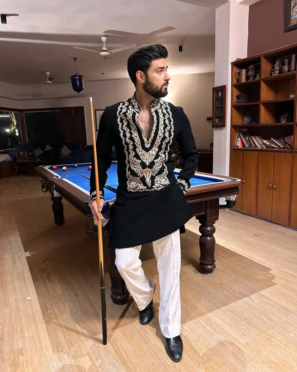 EID SPECIAL BLACK STYLISH NECK PATTERN EMBROIDERED WORK KURTA WITH PAJAMA FOR MENS - Image 4