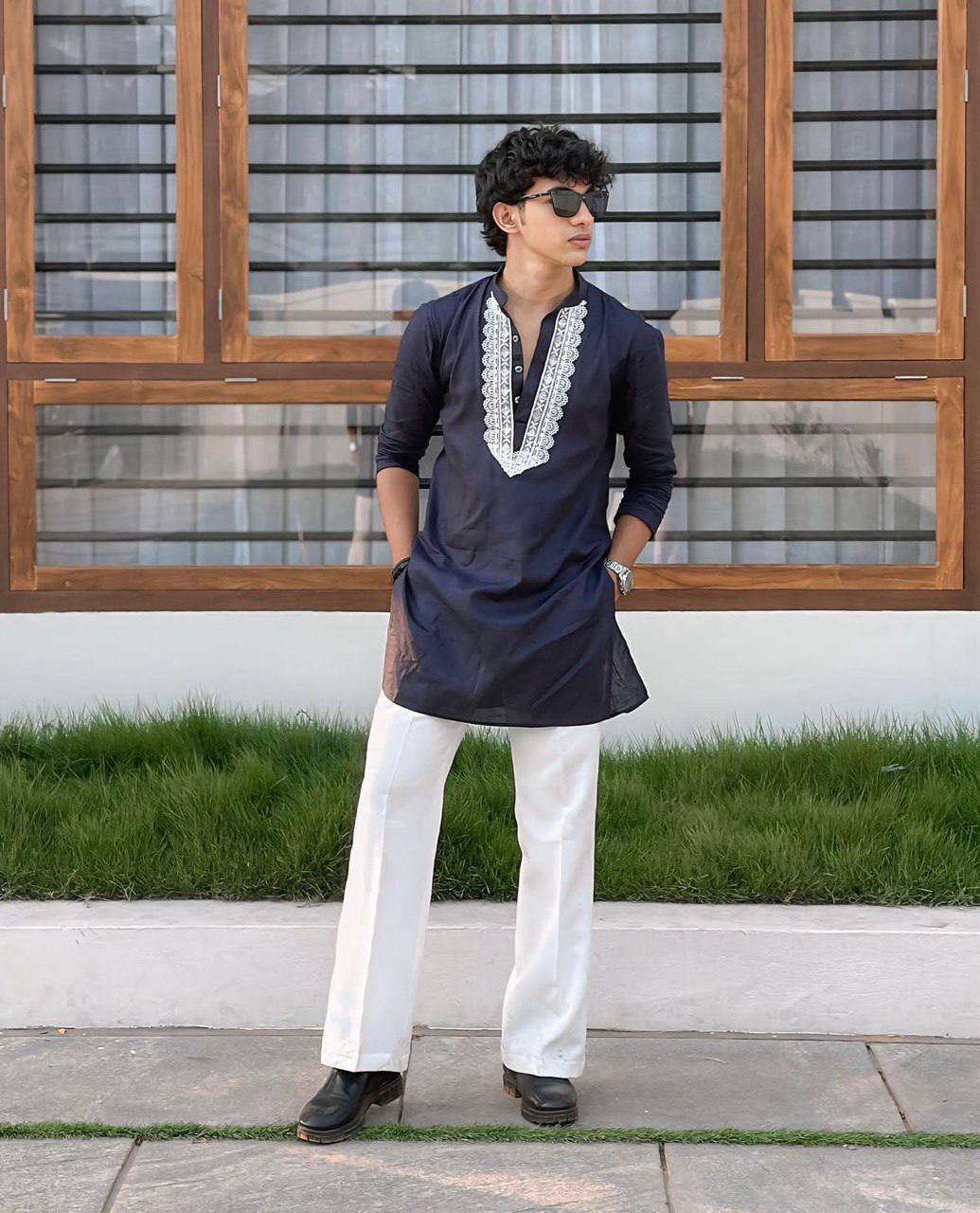 EMBROBLUE V NECK EMBROIDERED THRED KURTA WITH PAJAMA - Image 2